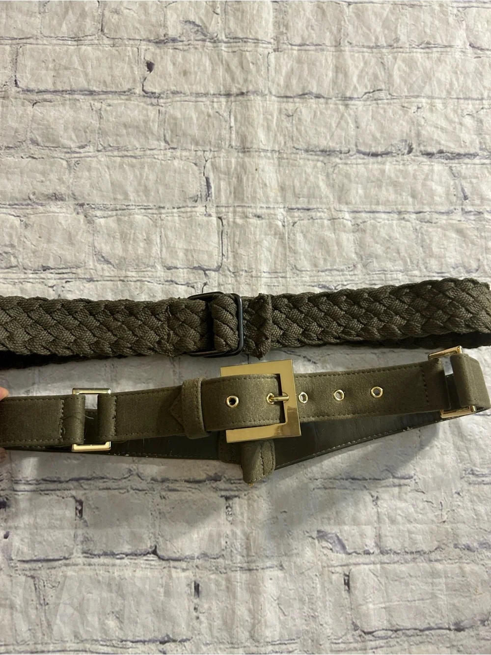 OLIVE GREEN WOVEN AND OLIVE GREEN WITH GOLD TONE HARDWARE (2) BELTS